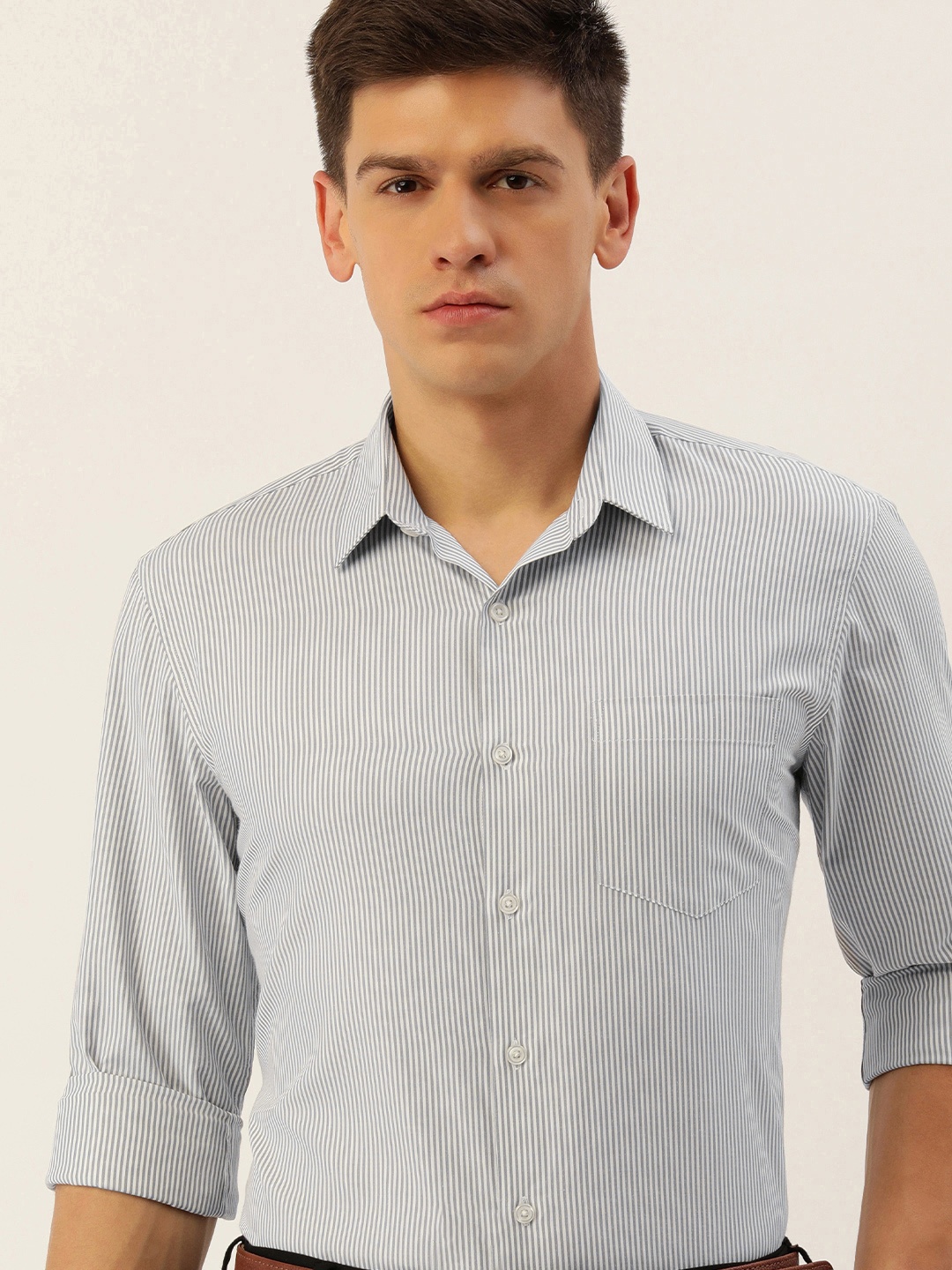 

Excalibur Men Striped Slim Fit Spread Collar Formal Shirt, Grey