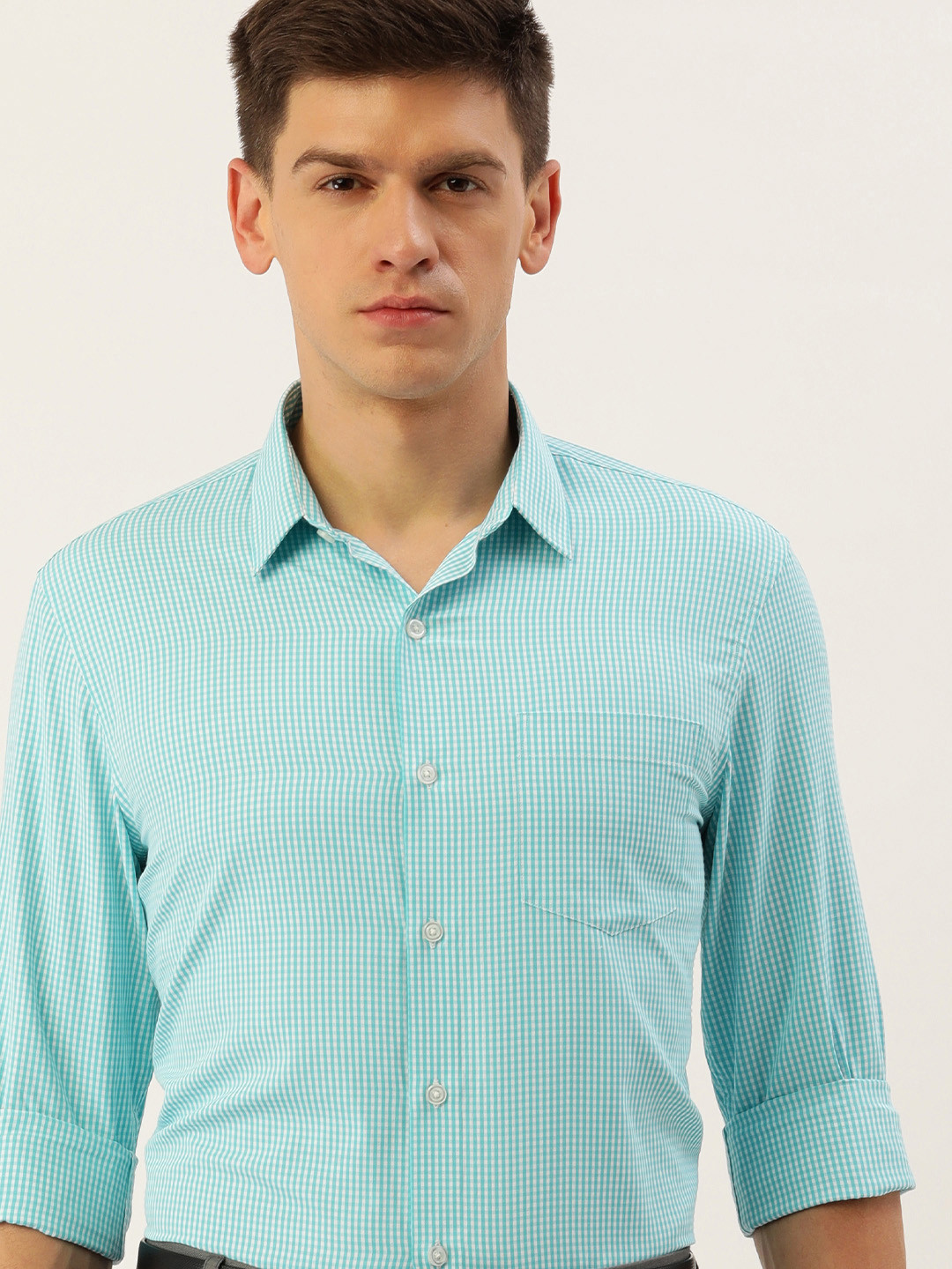

Excalibur Men Slim Fit Micro Checks Spread Collar Formal Shirt, Sea green