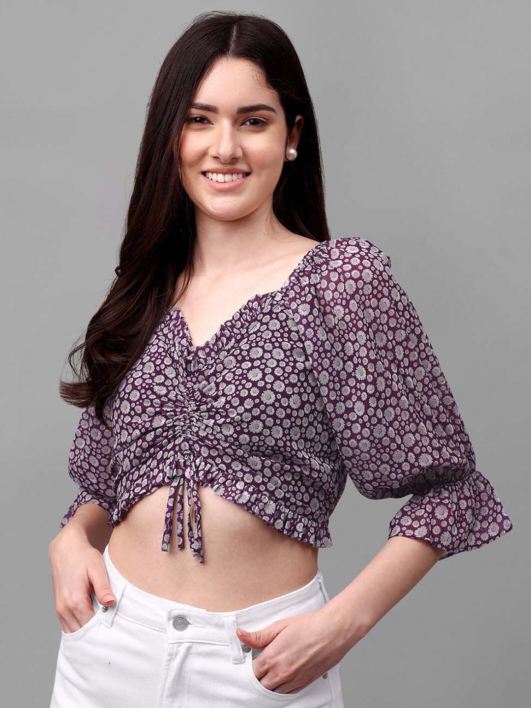 

Masakali Co Floral Print Sweetheart Neck Georgette Crop Top, Purple