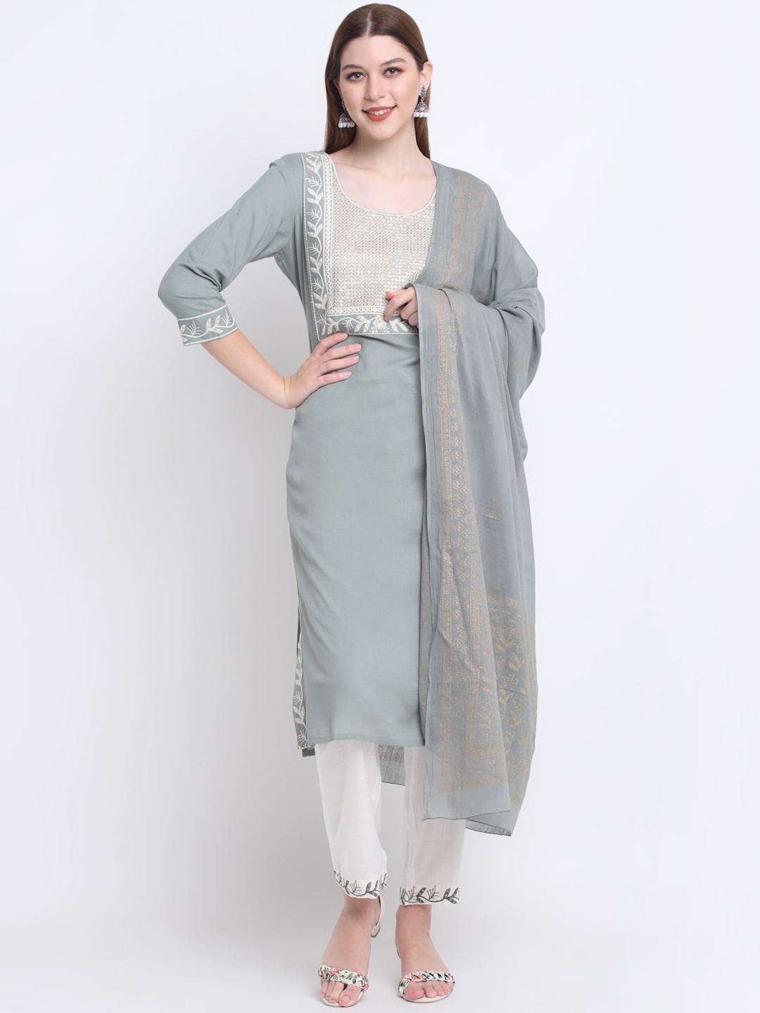 

KALINI Women Embroidered Pleated Kurta with Trousers & With Dupatta, Grey