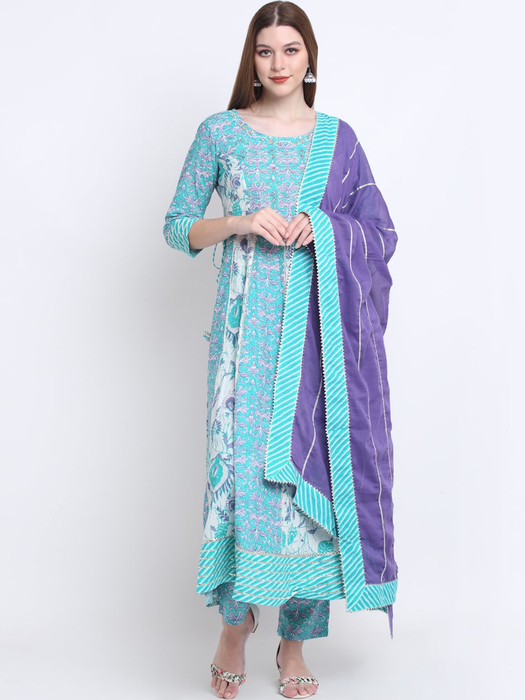 

KALINI Women Floral Printed Pure Cotton Kurta with Trousers & With Dupatta, Blue