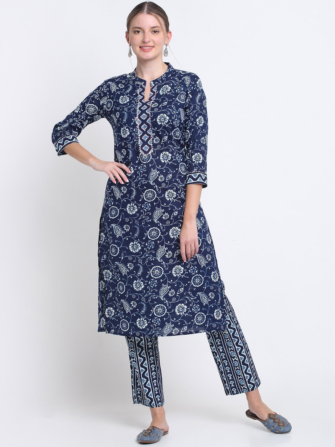 

KALINI Women Floral Printed Pure Cotton Kurta with Trousers, Navy blue