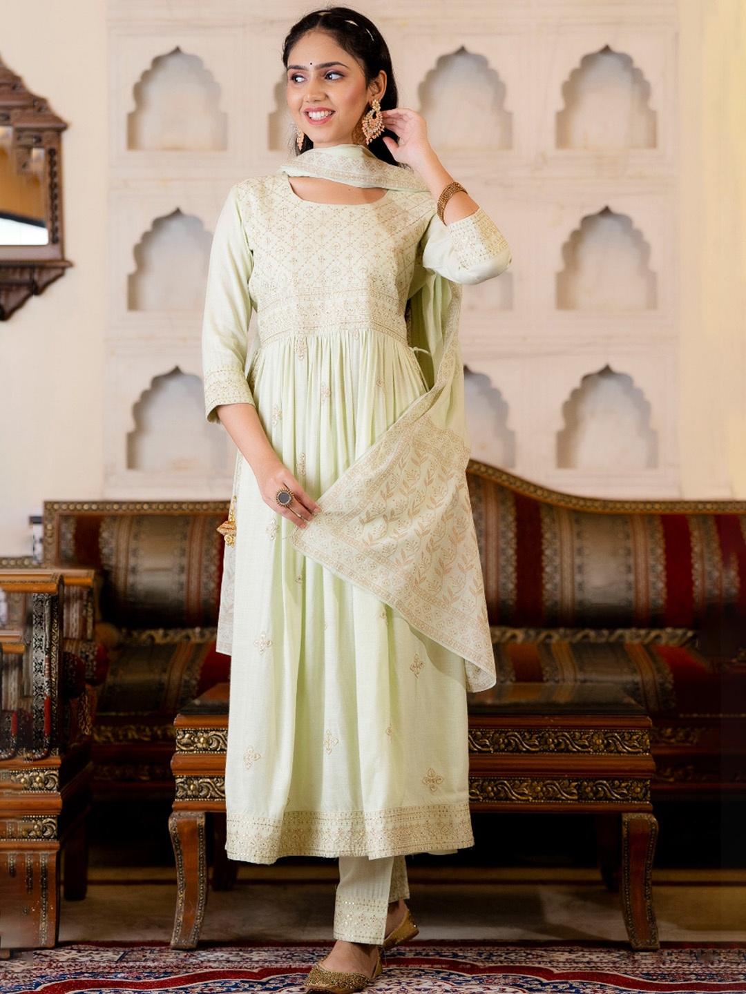 

KALINI Women Zari Embroidered Pleated Kurta with Trousers & Dupatta, Green