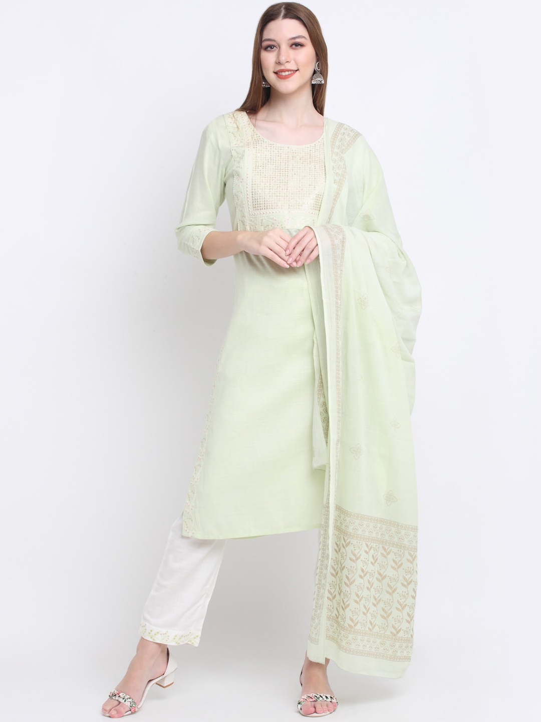 

KALINI Women Embroidered Sequinned Kurta with Trousers & Dupatta, Green