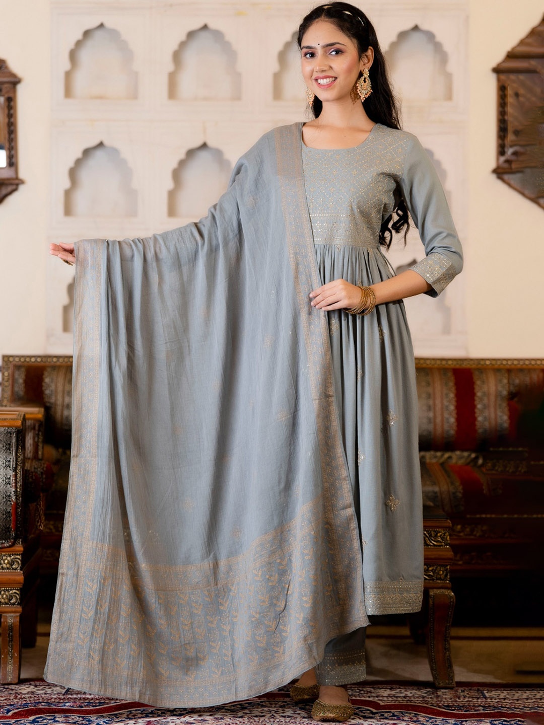 

KALINI Women Zari Embroidered Pleated Kurta with Trousers & Dupatta, Grey