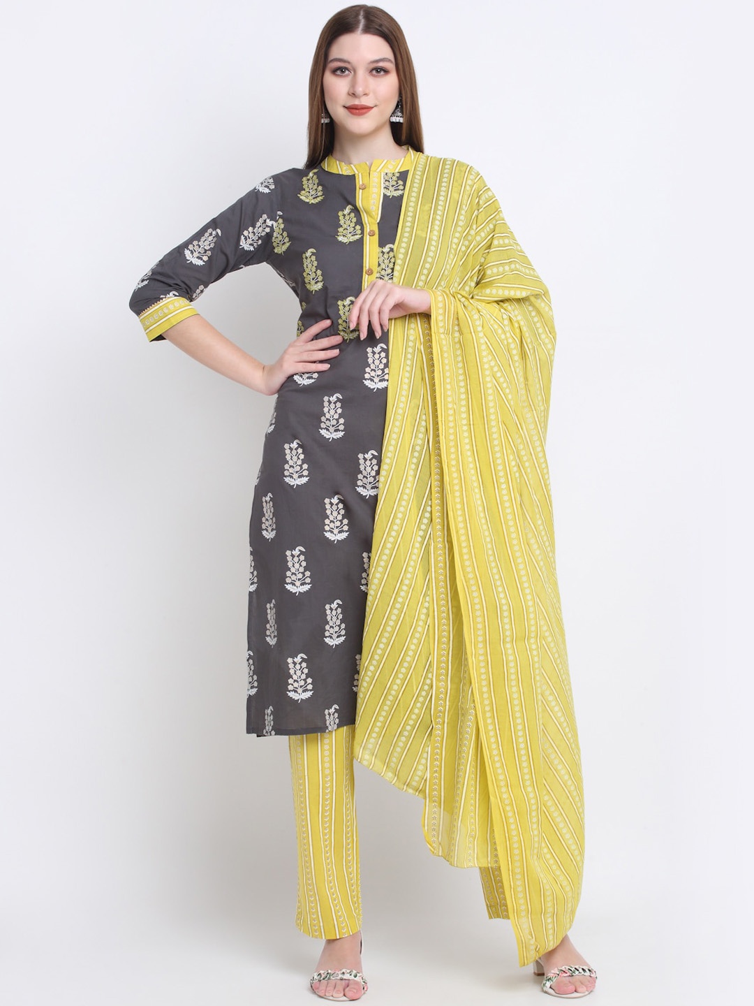 

KALINI Floral Printed Pure Cotton Kurta with Trousers & Dupatta, Grey
