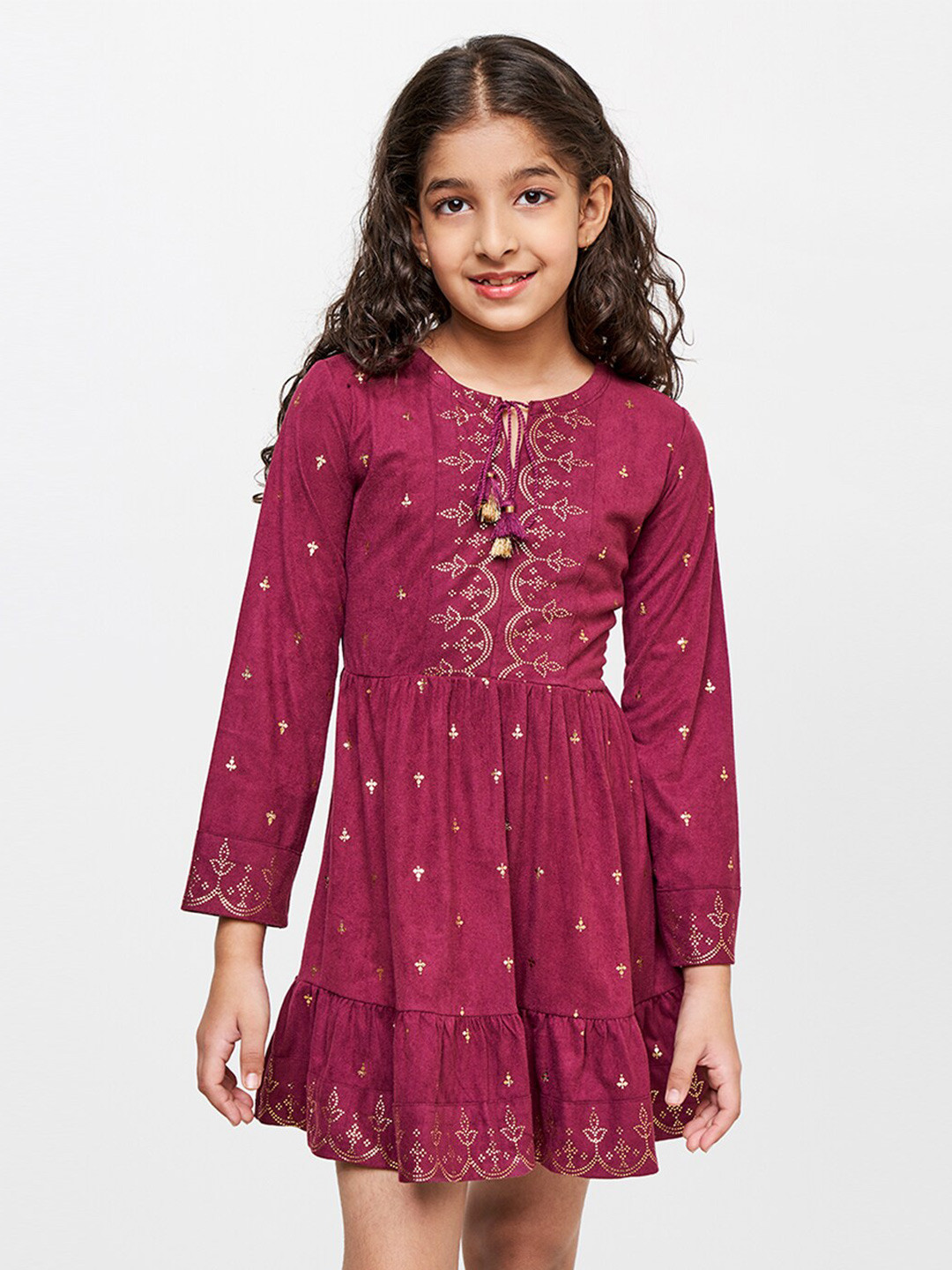 

Global Desi Floral Tie-Up Neck Dress, Maroon