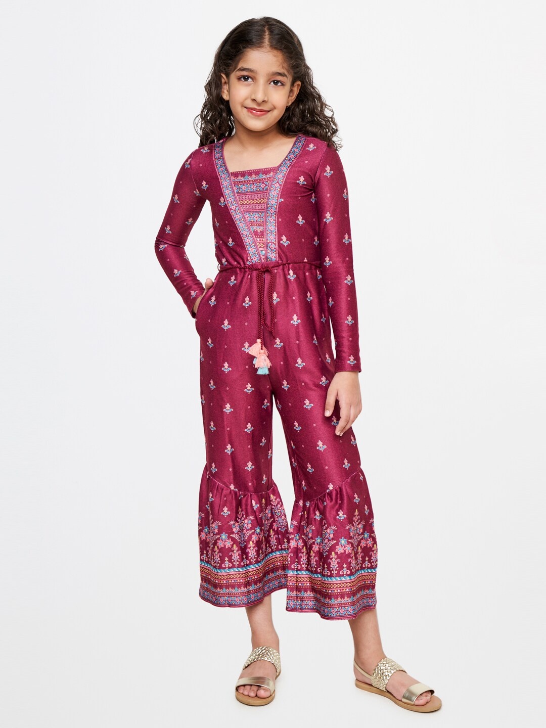 

Global Desi Girls Printed Basic Jumpsuit, Burgundy