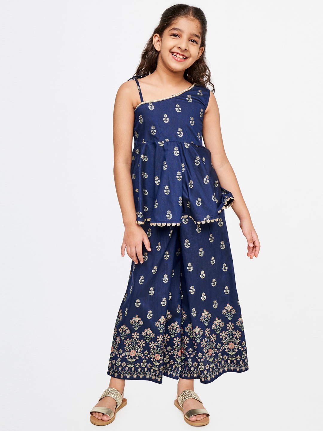 

Global Desi Girls Floral Printed Pleated Sequinned Top with Palazzos, Navy blue