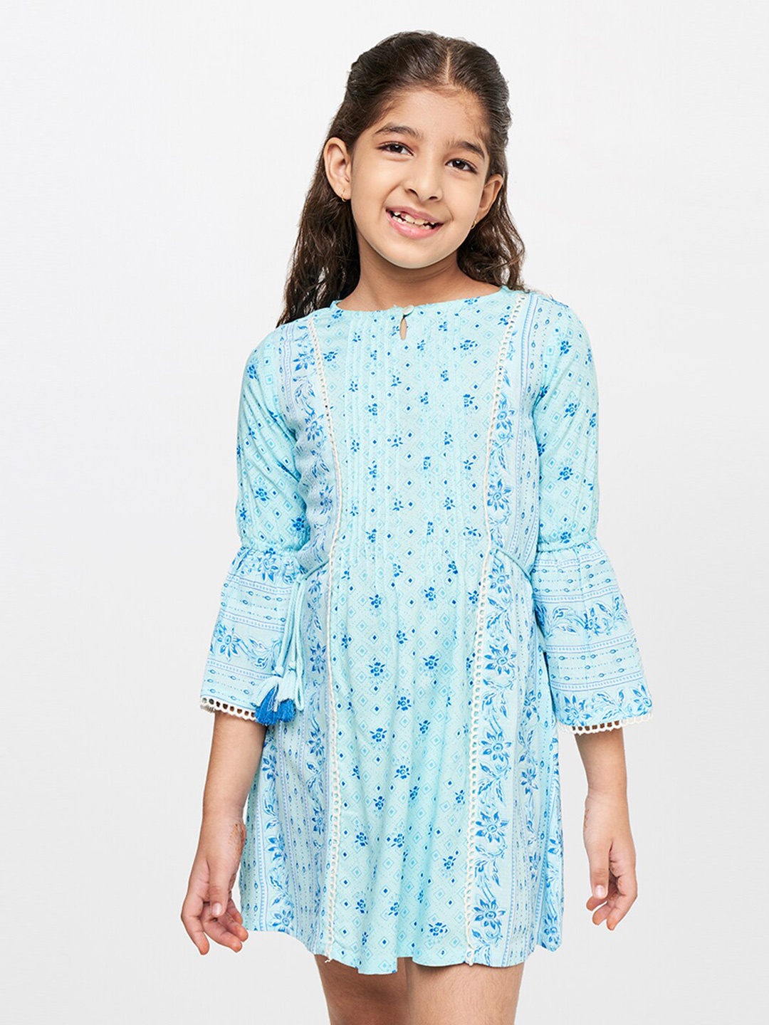 

Global Desi Floral Keyhole Neck A-Line Dress, Blue