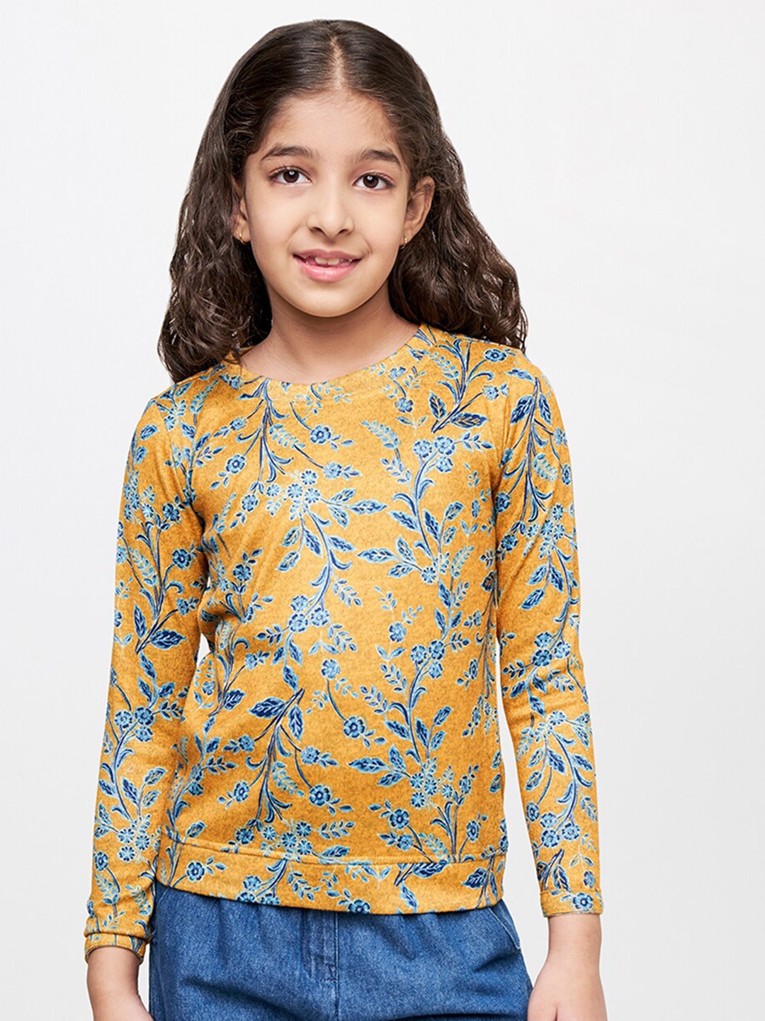 

Global Desi Mustard Yellow Floral Print Top