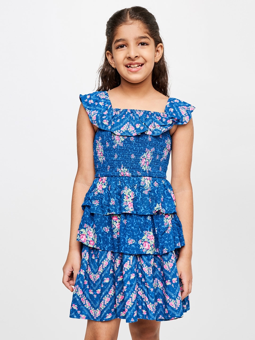 

Global Desi Smocked Floral Printed Dress, Blue