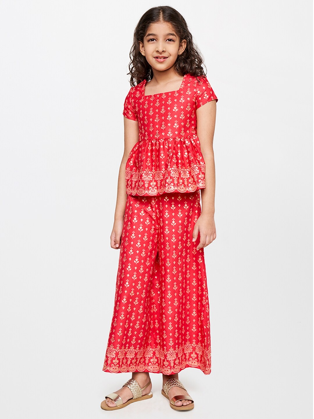 

Global Desi Girls Floral Printed Pleated Top with Sharara, Red