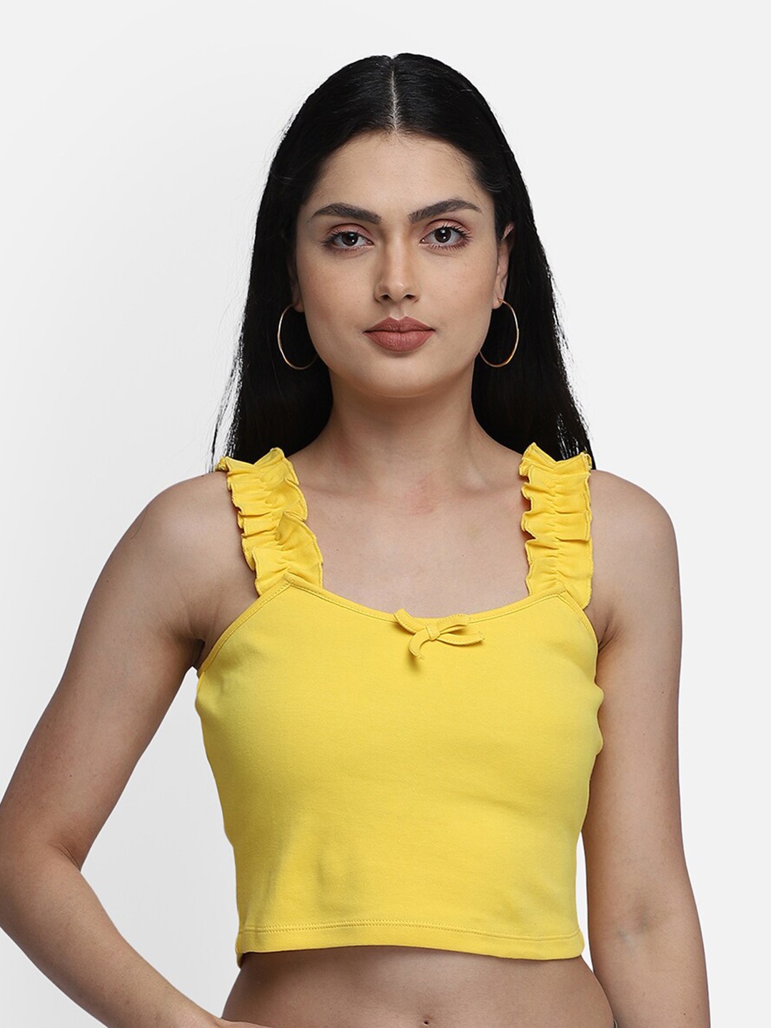 

Yaadleen Gathered or Pleated Shoulder Straps Crop Top, Yellow