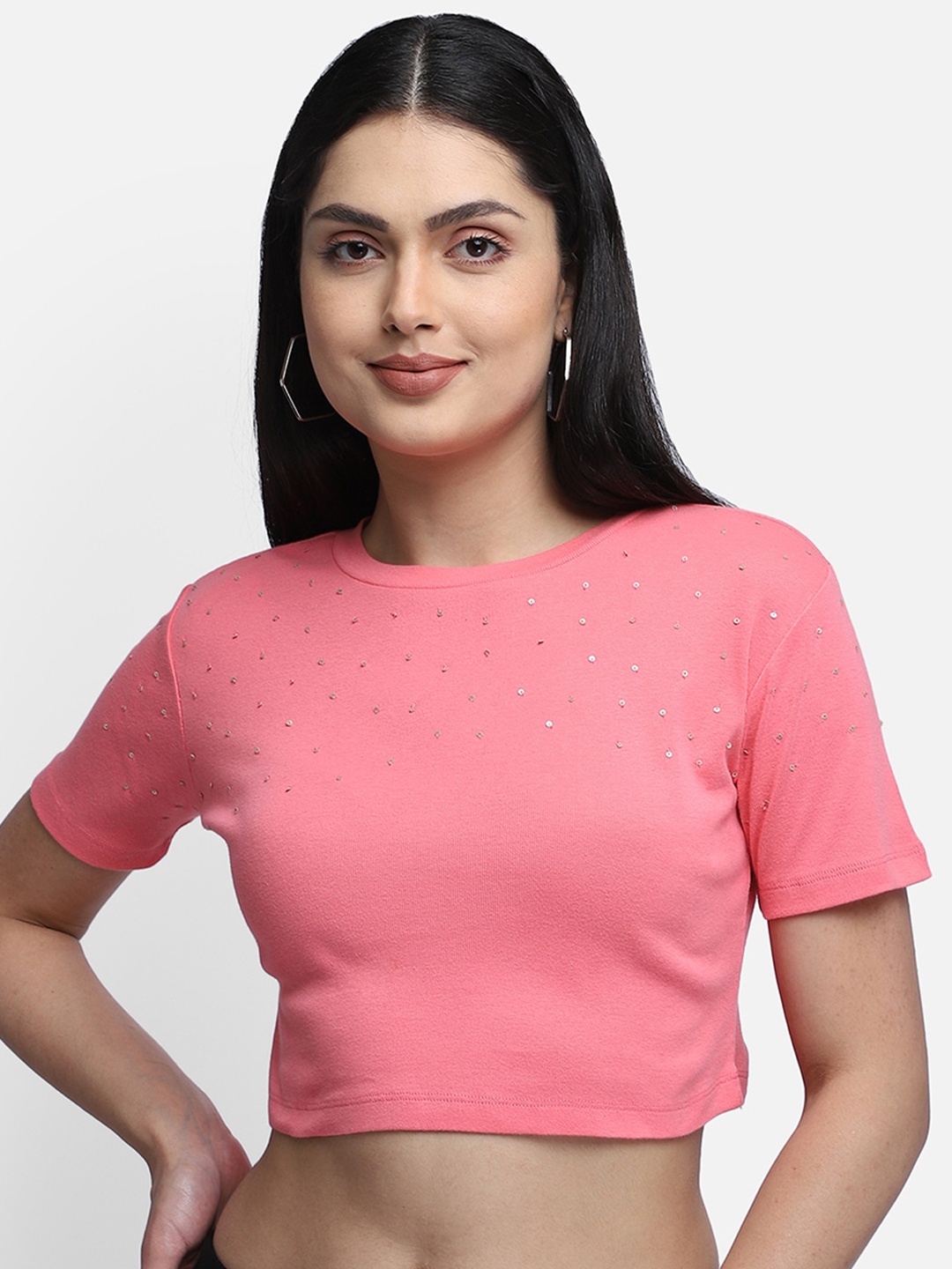 

Yaadleen Round Neck Sequined Crop Top, Pink