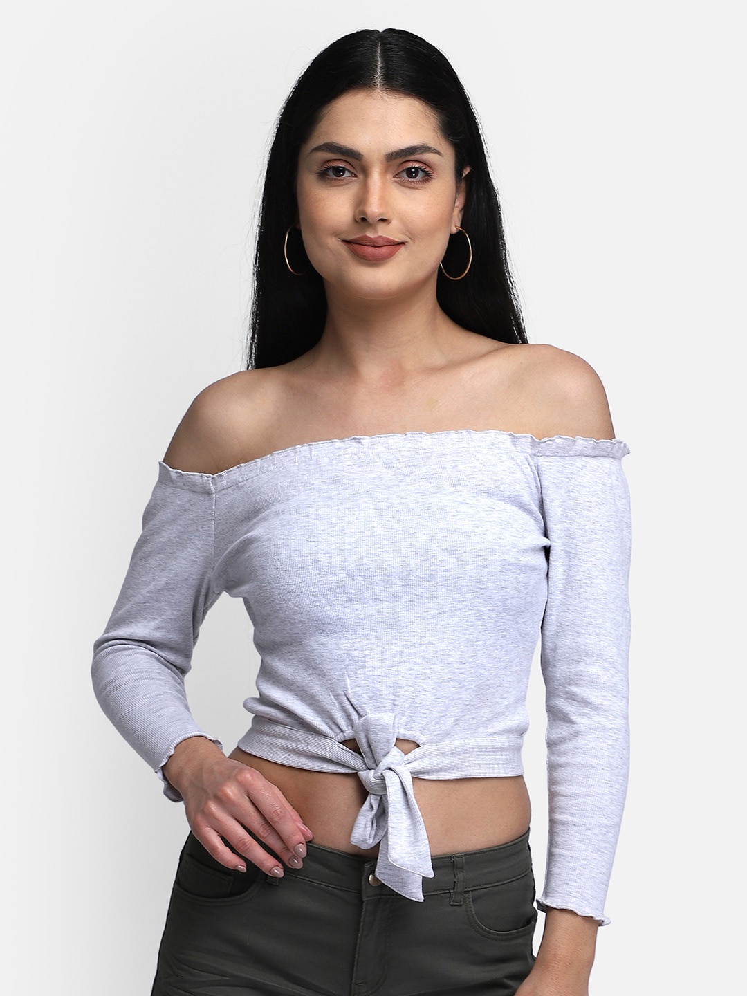 

Yaadleen Off-Shoulder Bardot Crop Top, Grey