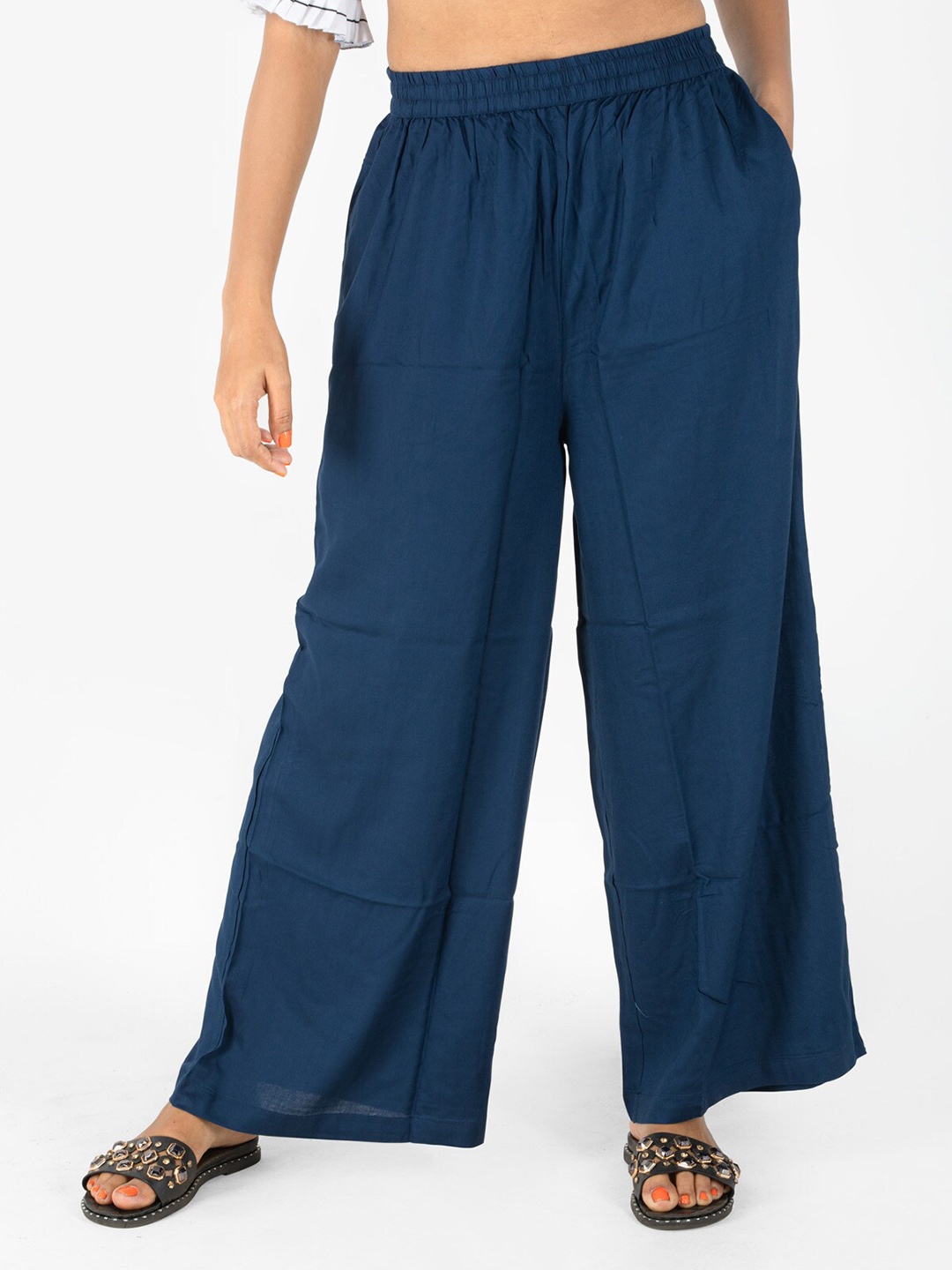

indian flower Women Knitted Liva Palazzos, Blue