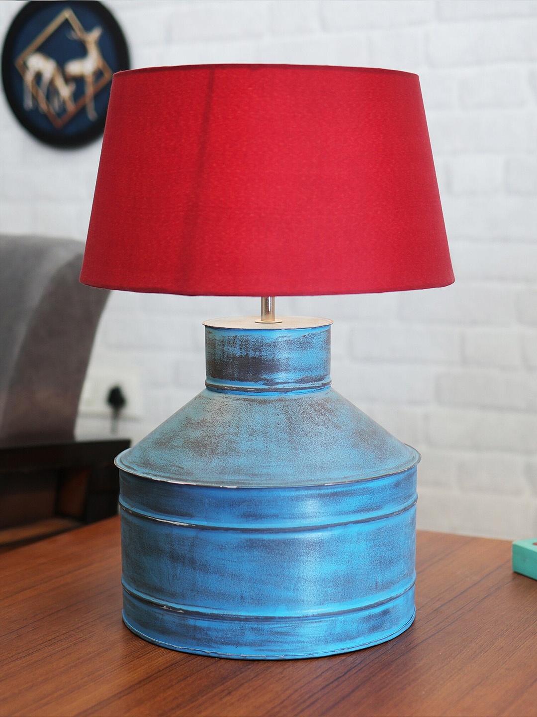 

Homesake Rustic Milk Gagar Turquoise Blue & Red Electric Table Lamp With Shade