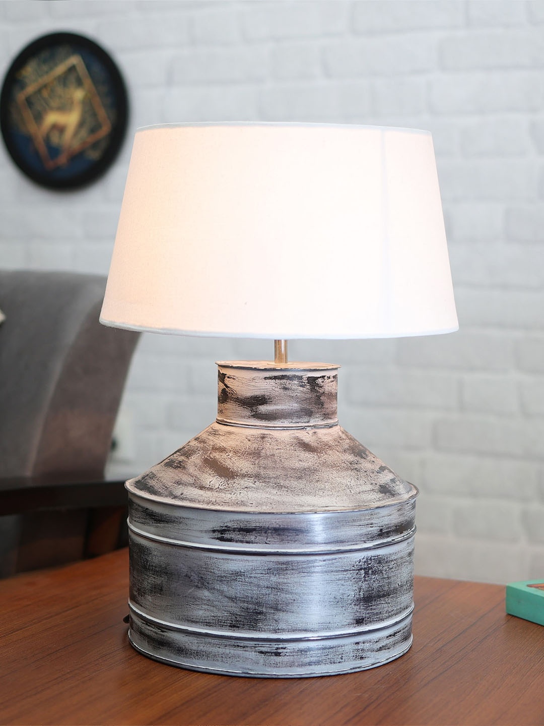 

Homesake Rustic Milk Gagar Whitewash Finish Electric Table Lamp With Drum Shade, White