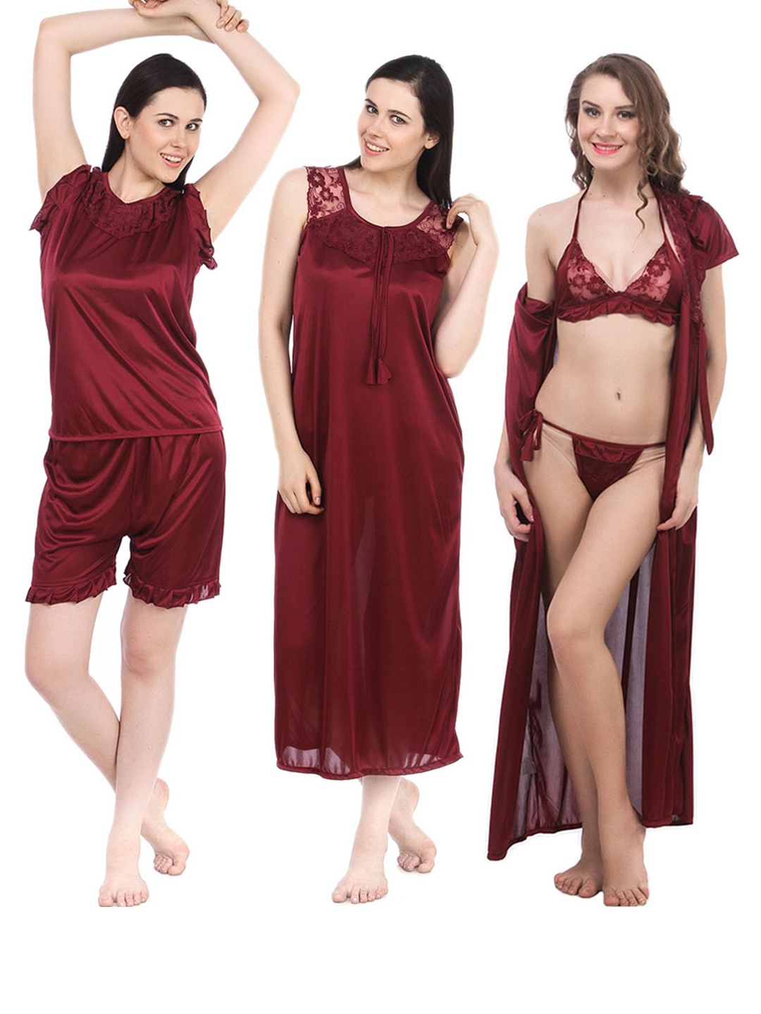 

Fasense Pack Of 6 Satin Night Suit Top & Shorts With Robe & Lingerie Set Maxi Nightdress, Maroon