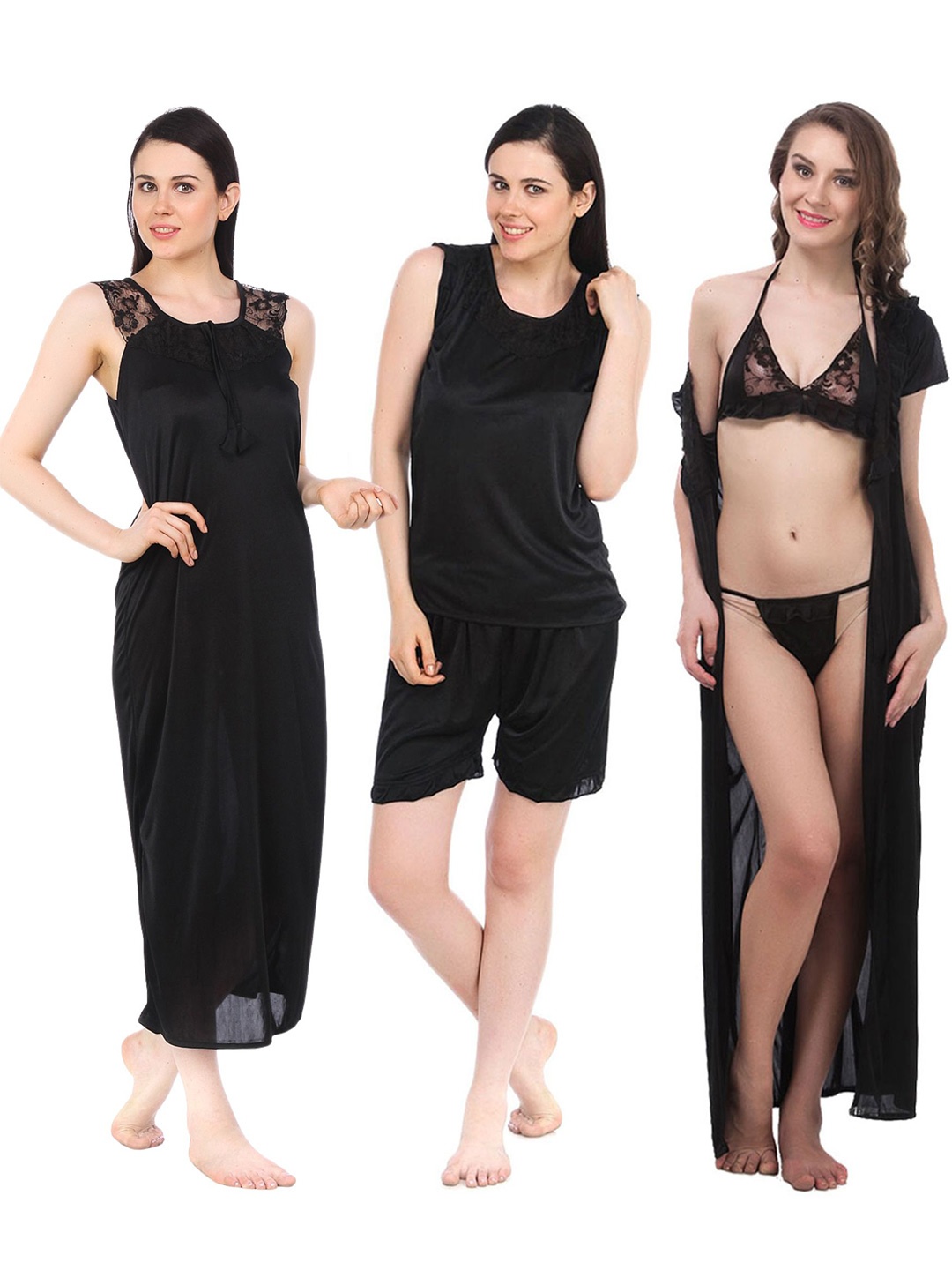 

Fasense Pack Of 3 Satin Night Suit With Robe & Lingerie Set Maxi Nightdress, Black