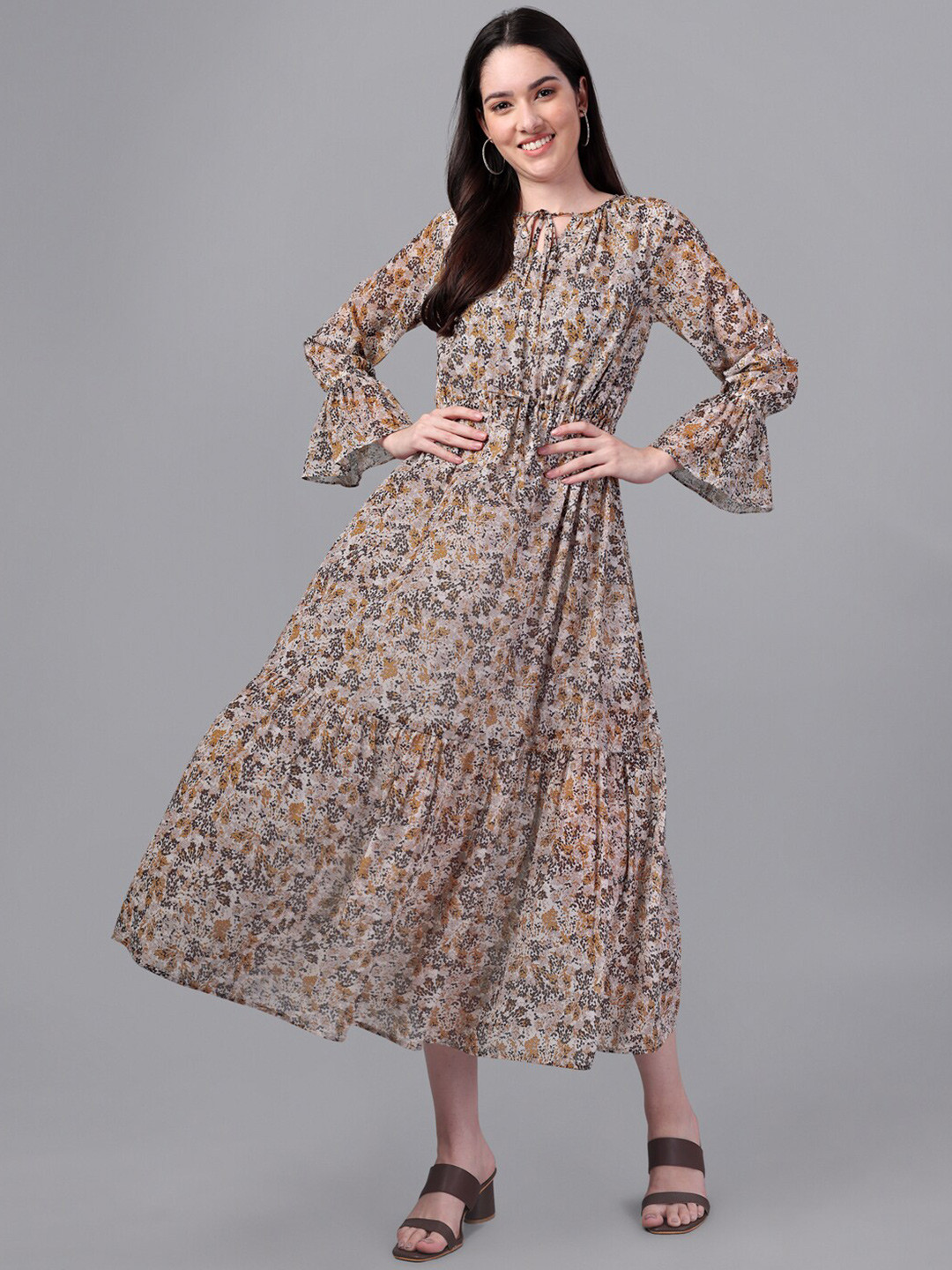

Masakali.Co Ethnic Motifs Tie-Up Neck Georgette A-Line Midi Dress, Grey