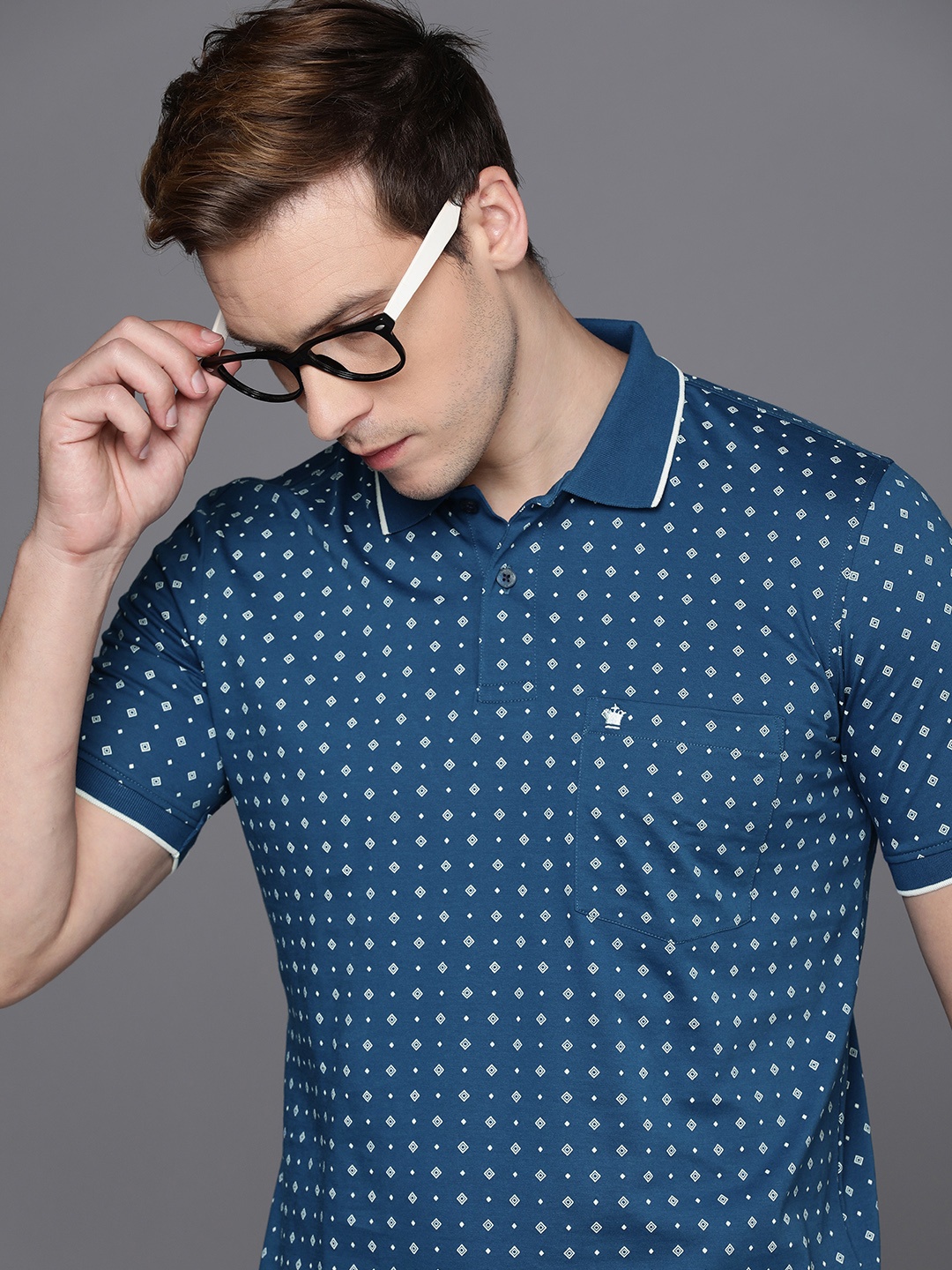 

Louis Philippe Geometric Printed Polo Collar Pure Cotton T-shirt, Blue