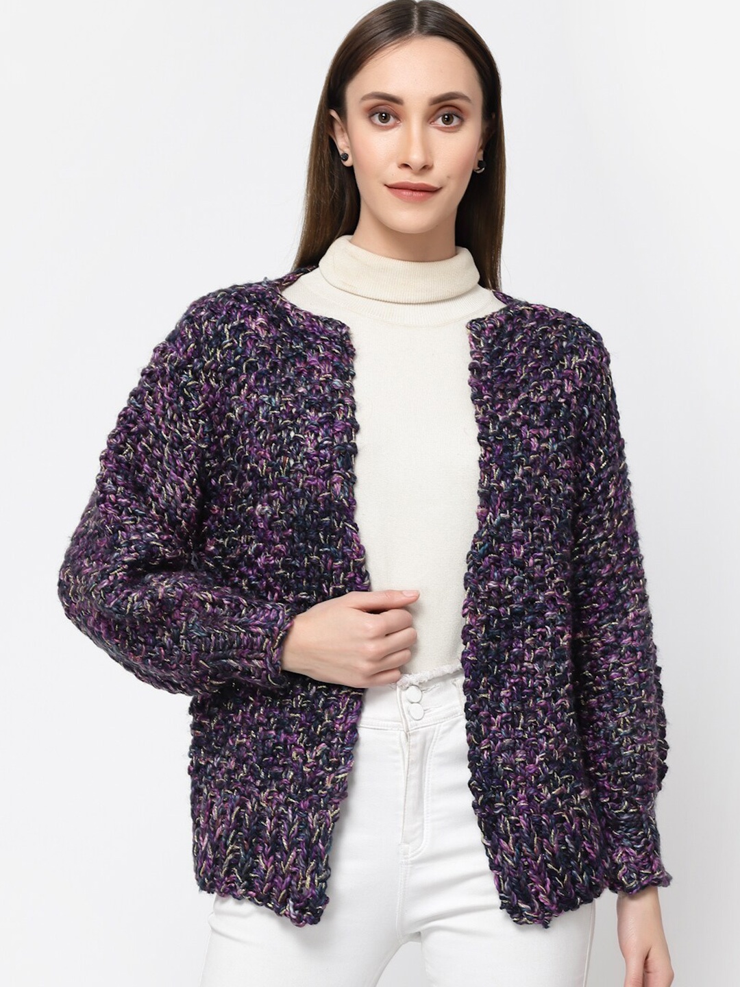 

513 Women Cable Knit Front-Open Acrylic Sweater, Purple