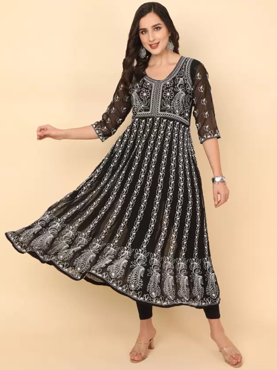 

FabFairy Floral Embroidered Thread Work Round Neck Anarkali Kurta, Black