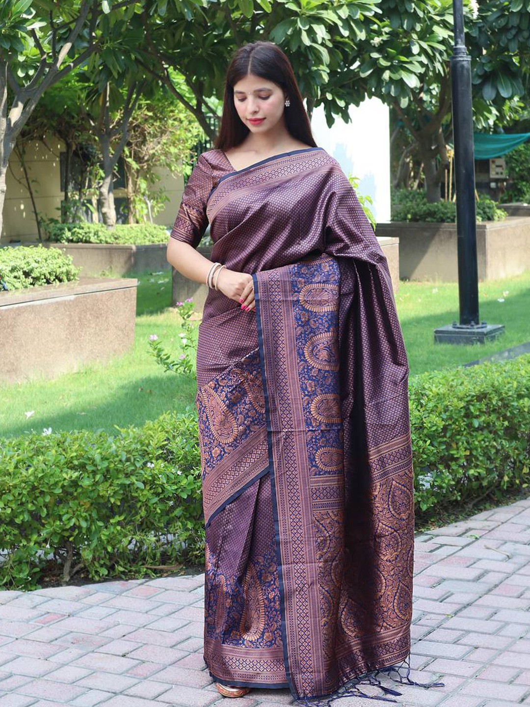

TIEXA Woven Design Zari Pure Silk Banarasi Saree, Navy blue