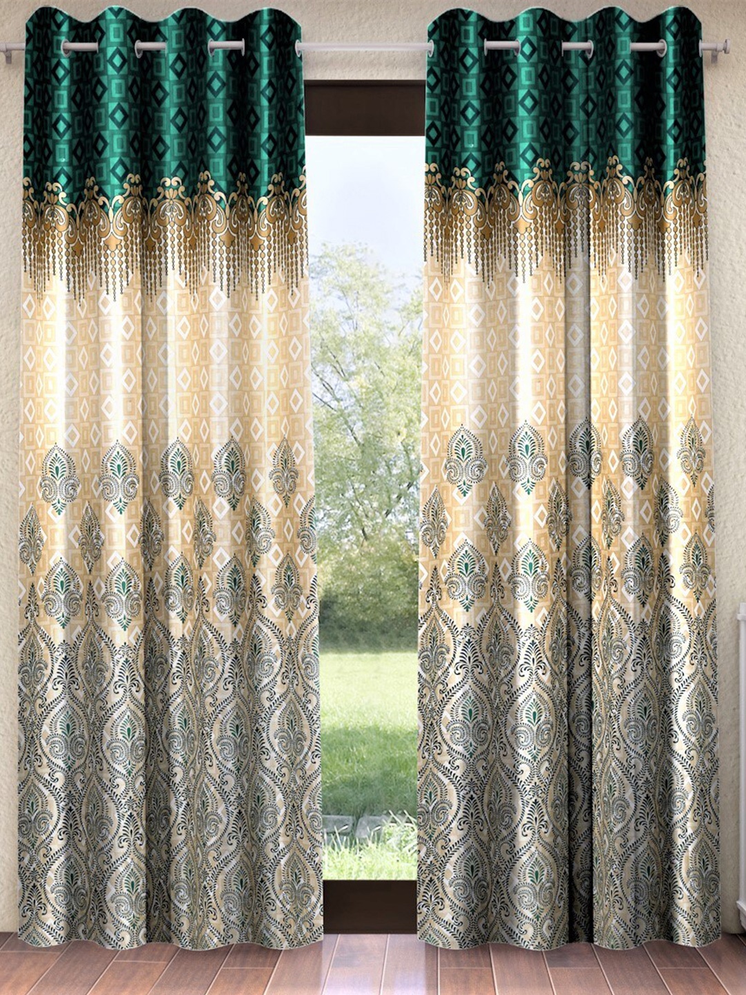 

Home Sizzler Beige & Turquoise Blue Set of 2 Ethnic Motifs Window Curtain