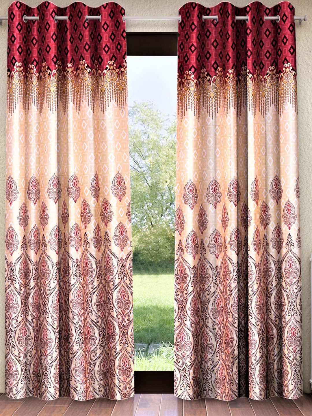 

Home Sizzler Beige & Maroon Set of 2 Ethnic Motifs Window Curtain