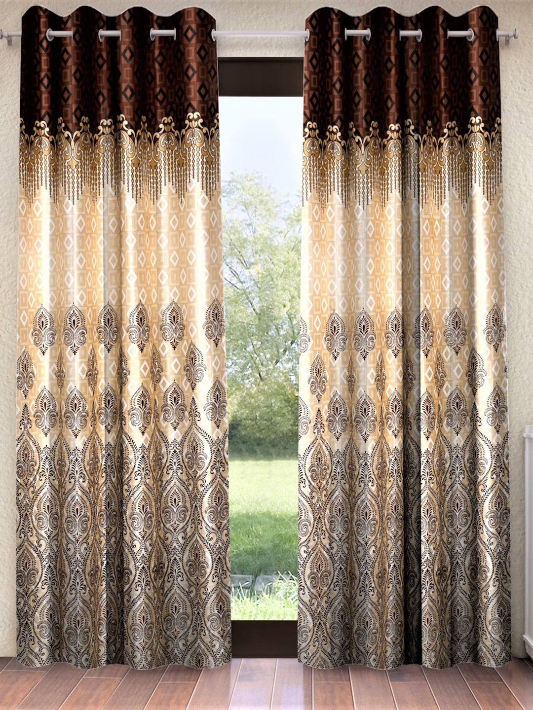 

Home Sizzler Cream-Coloured & Brown Set of 2 Ethnic Motifs Window Curtain