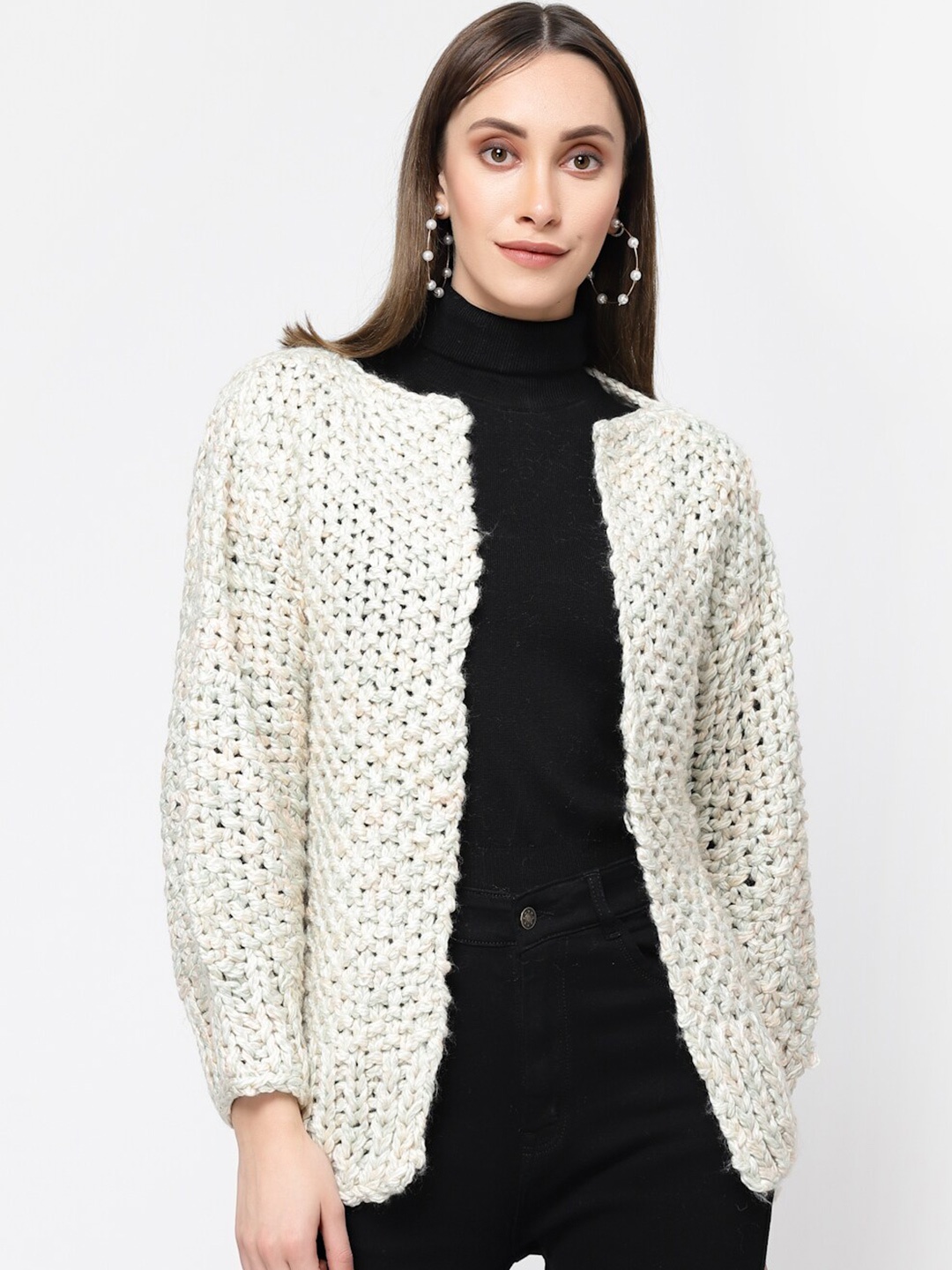 

513 Women Self Design Open Knit Front-Open Acrylic Sweater, Off white