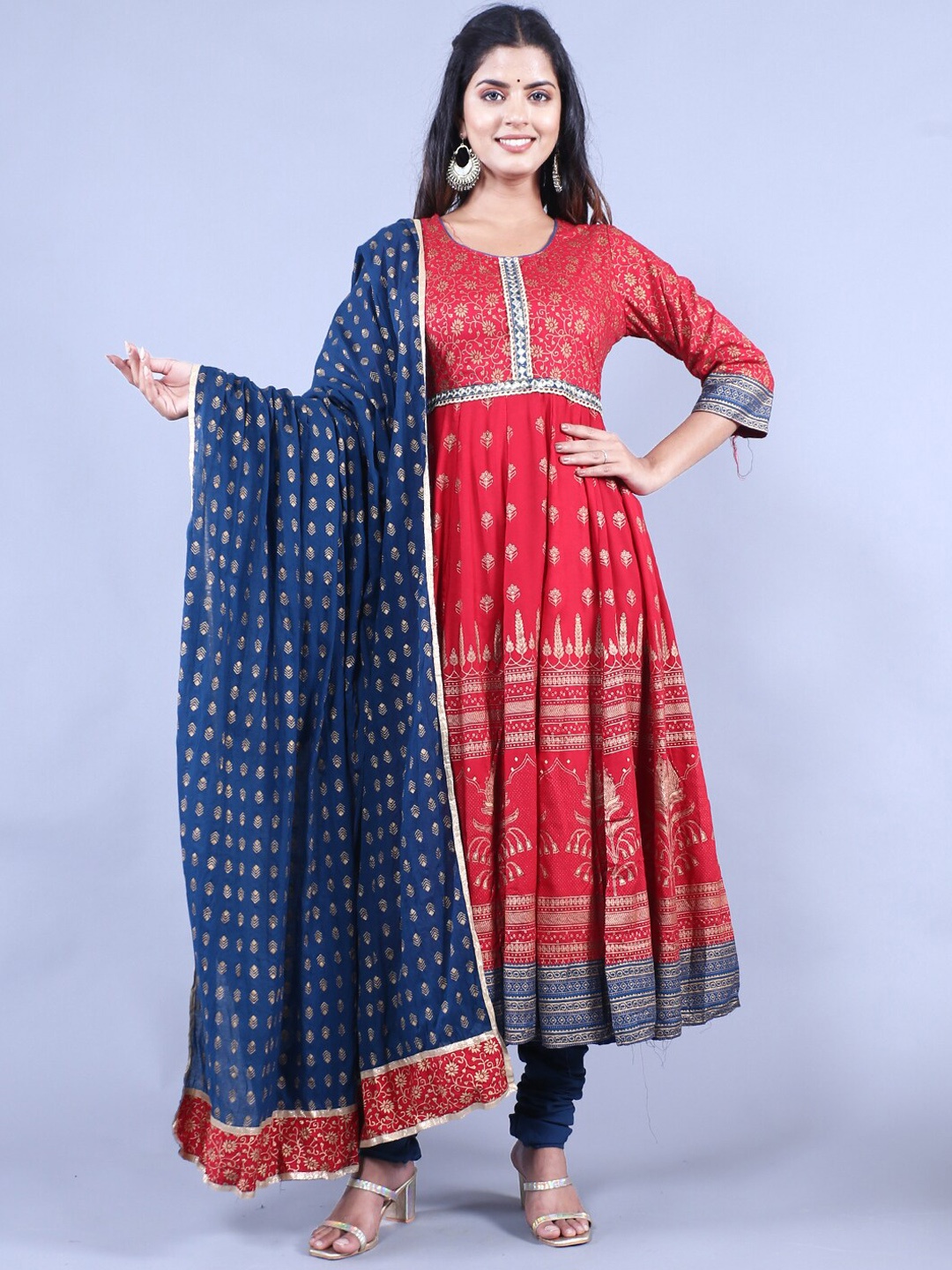 

HERE&NOW Women Printed Kurta with Churidar & With Dupatta, Red