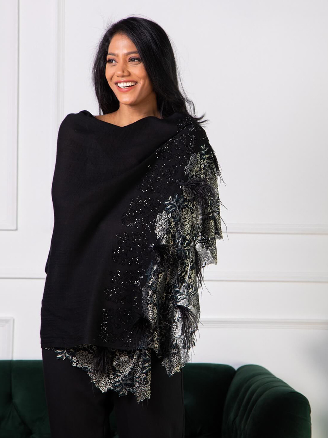 

Rhe-Ana Women Embroidered Wool Stole, Black