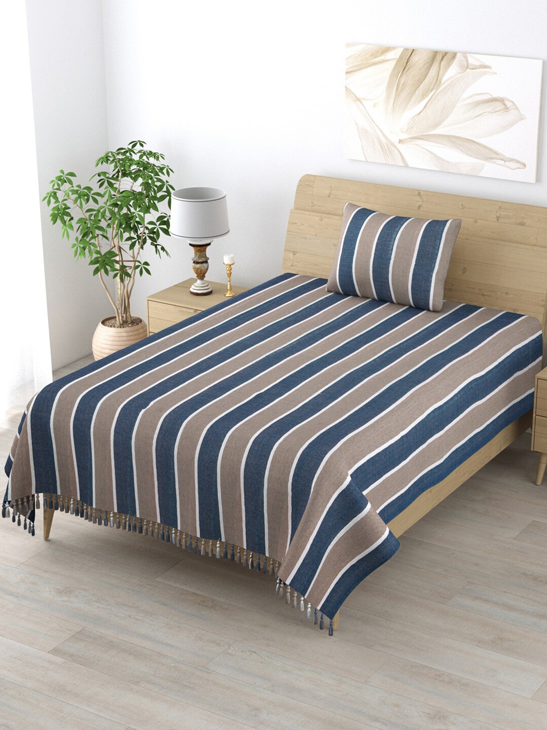 

Varde All Seasons Blue & Brown Striped 210 TC Cotton Single Bedsheet with 1 Pillow Covers
