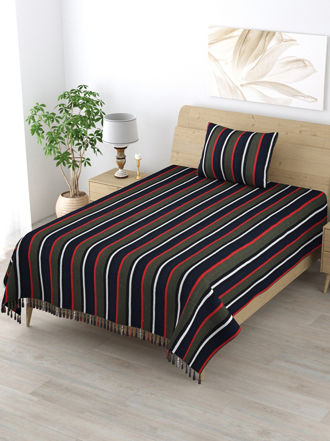 

Varde Grey & Navy Blue Striped 210 TC Cotton Single Bedsheet with 1 Pillow Covers