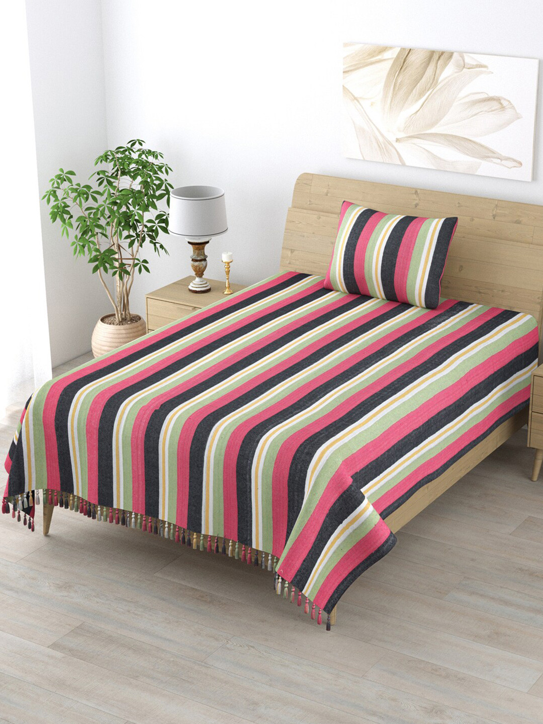 

Varde Green & Pink Striped 210 TC Cotton Single Bedsheet with 1 Pillow Covers