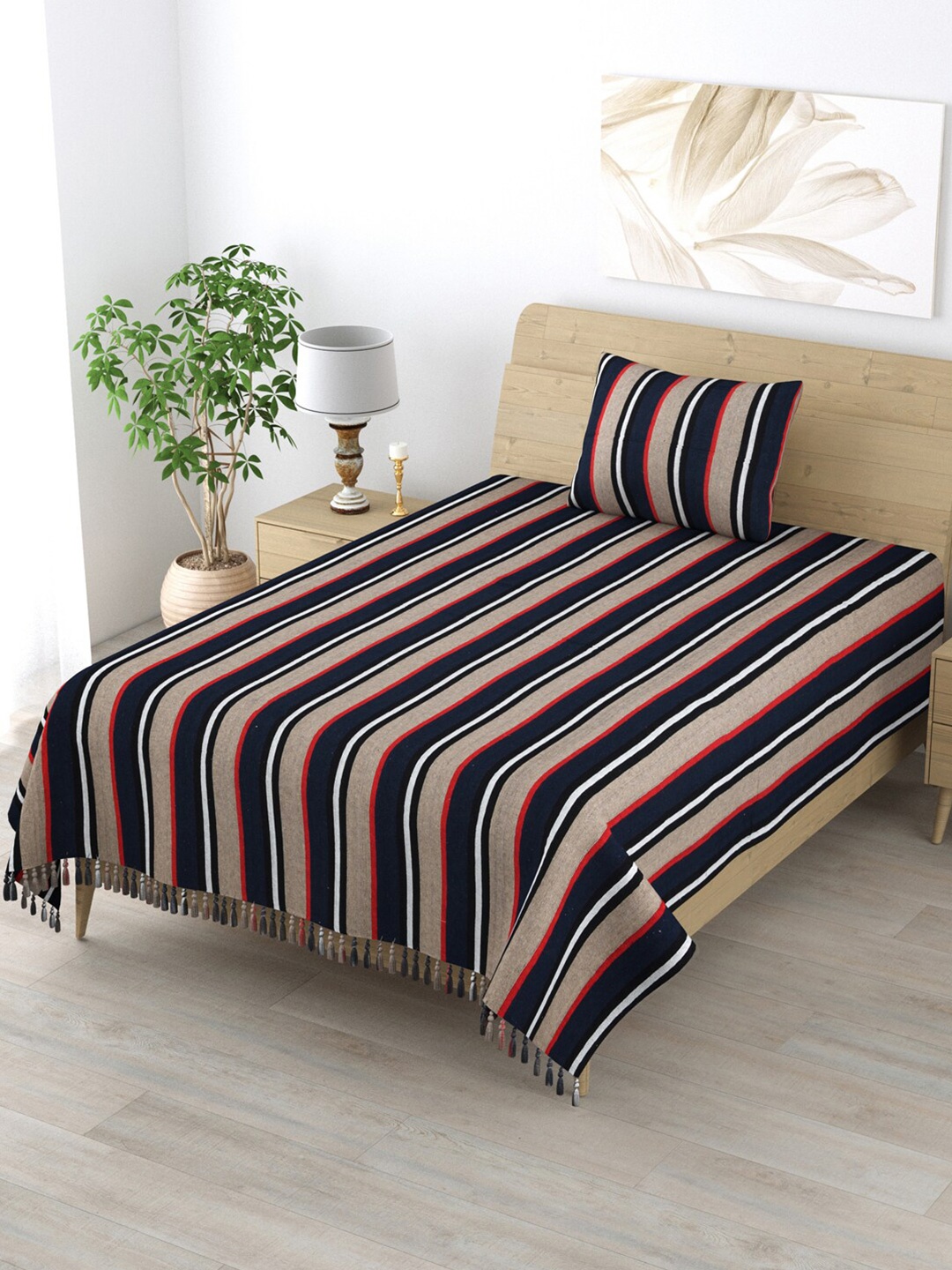 

Varde Navy Blue & Black Striped 210 TC Cotton Single Bedsheet with 1 Pillow Cover