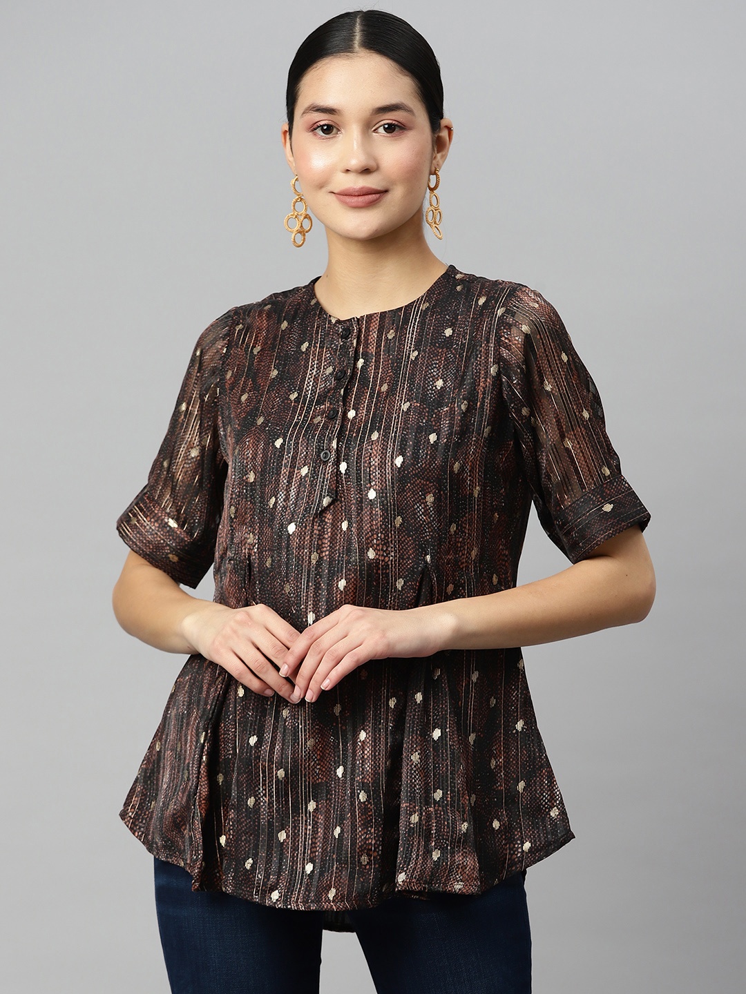 

Ives Self Design Georgette Longline Top, Black