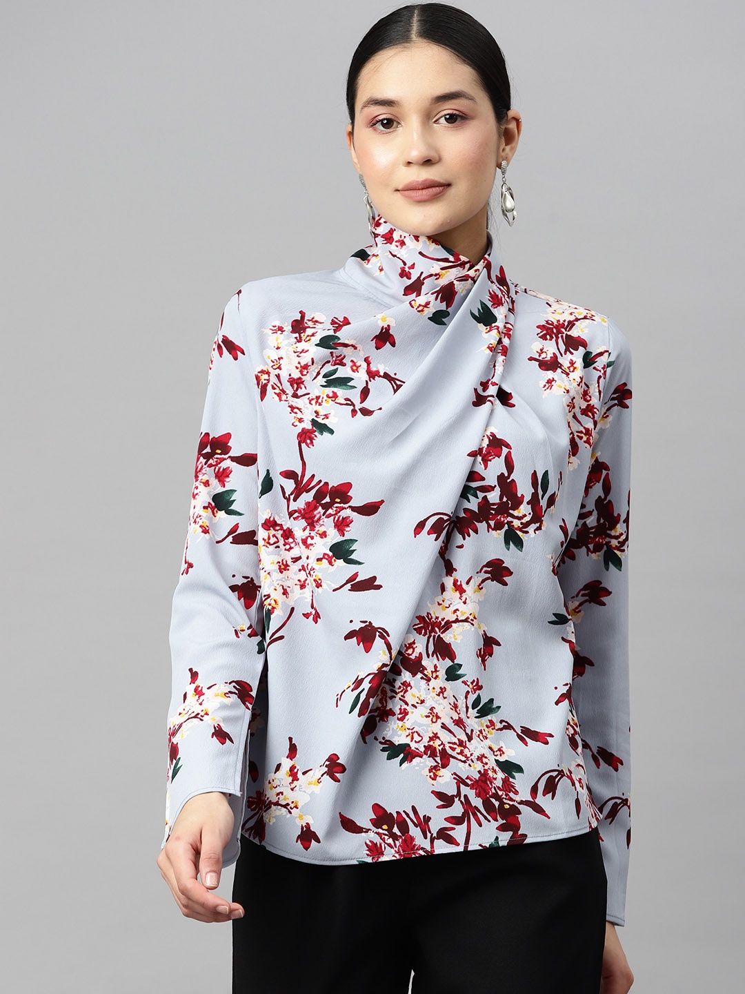 

Ives Floral Printed Twisted Crepe Top, Blue