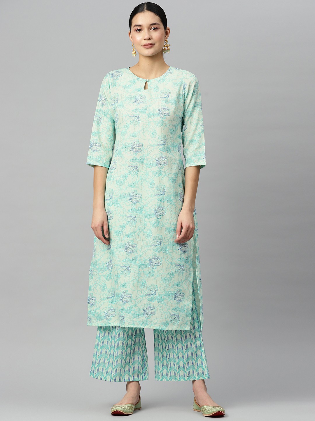 

Ives Women Floral Printed Kurta With Palazzos, Green