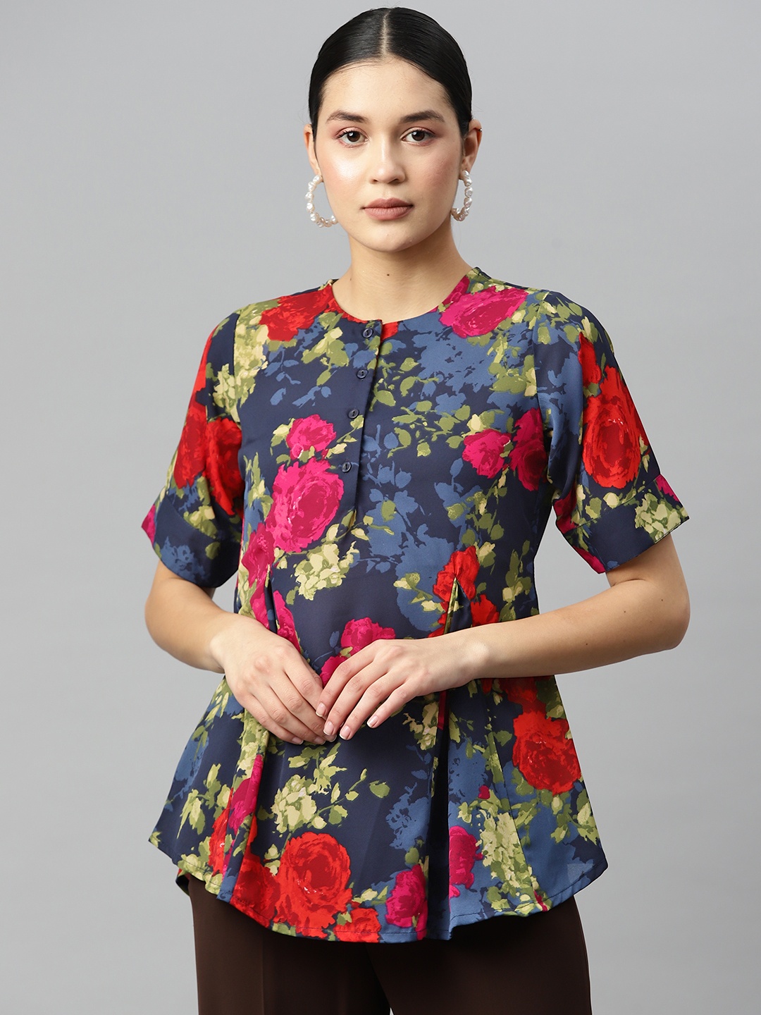 

Ives Floral Print Crepe Peplum Top, Navy blue