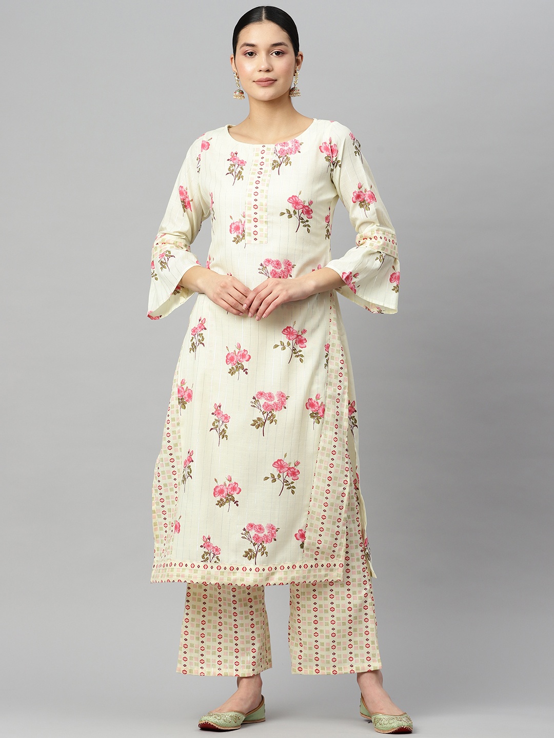 

Ives Women Floral Printed Kurta With Palazzos, Beige