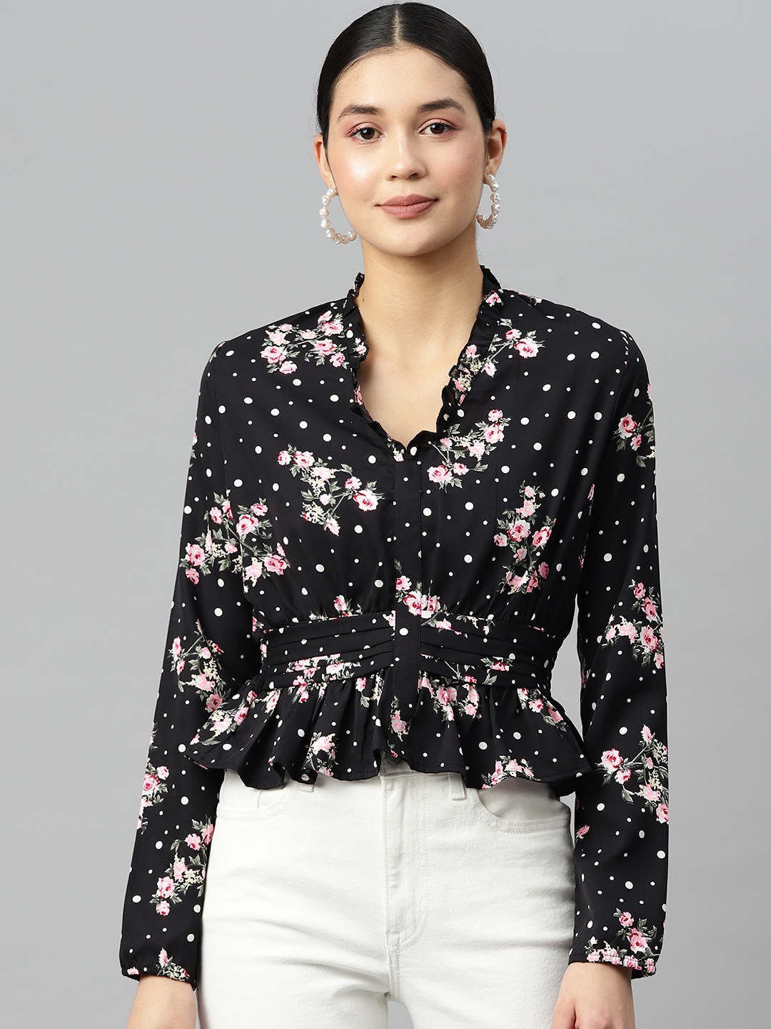 

Ives Floral Print Crepe Peplum Top, Black