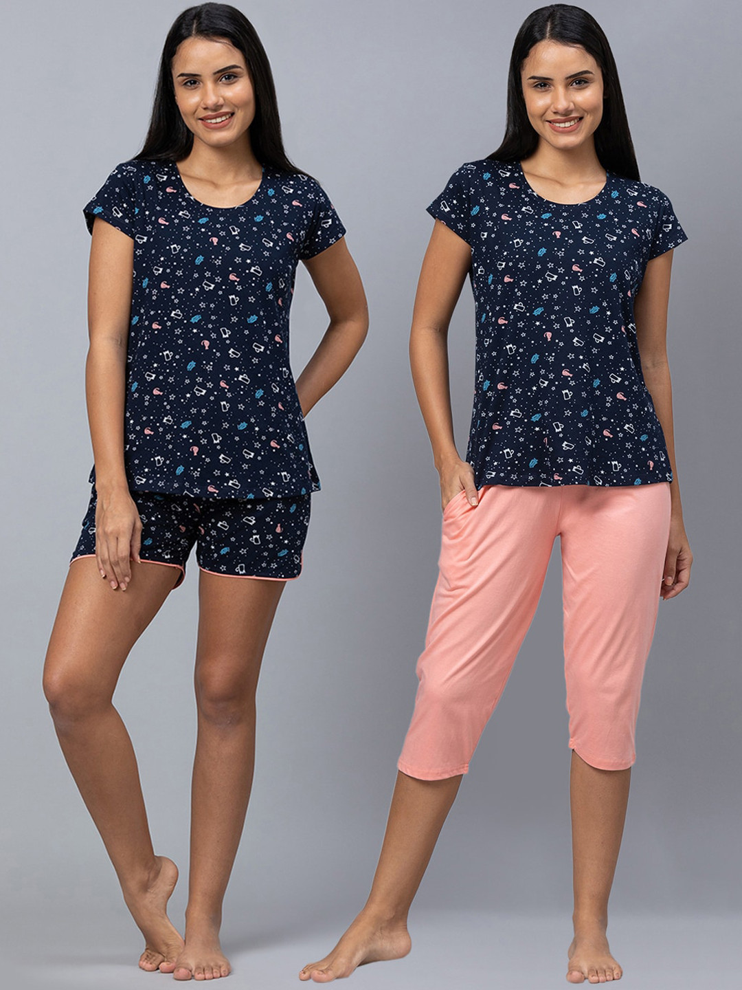 

AV2 Women Printed Pure Cotton Night suit, Navy blue