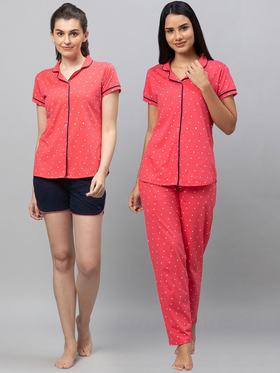 

AV2 Women Printed Pure Cotton 3 Piece Night suit Set, Pink