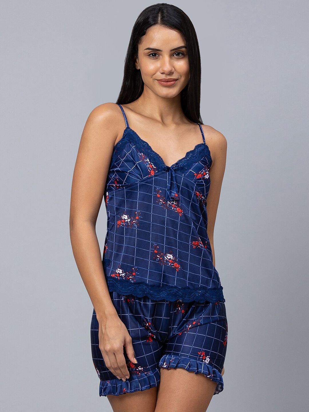 

AV2 Women Printed Satin Night suit, Navy blue