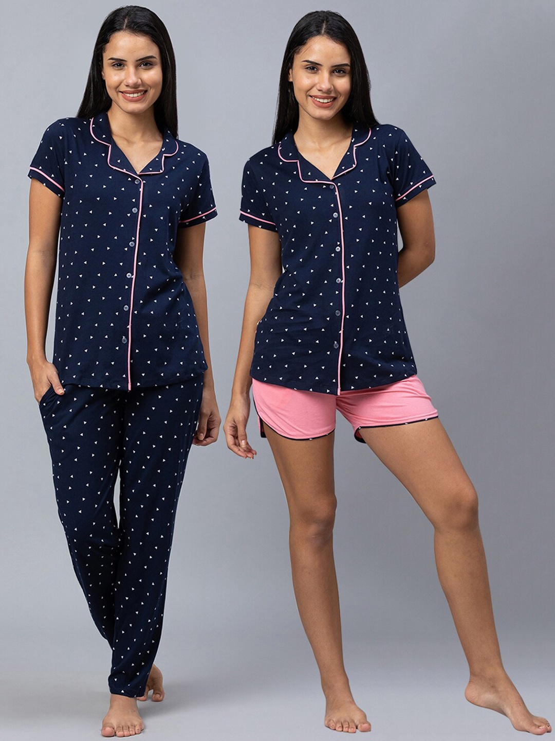 

AV2 Women Navy Printed Pure Cotton Night suit, Navy blue